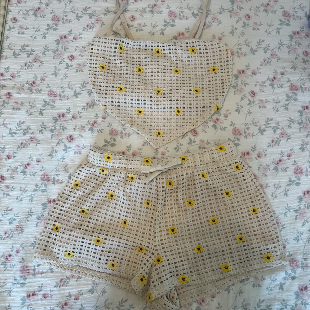 Floral Crochet Crop Top and Shorts Set